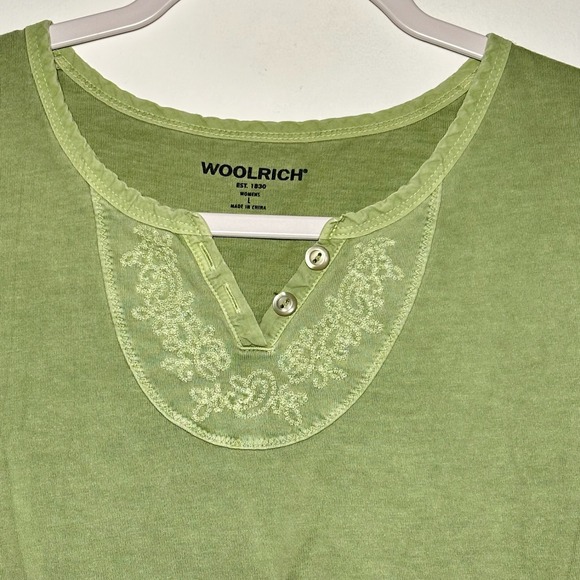 WOOLRICH Womens Green Embroidered Henley T Shirt Size L - Picture 8 of 9